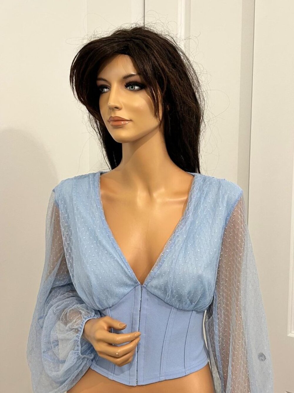 Privy Blue Mesh Sheer Long Sleeve Corset Crop Top Size L.
